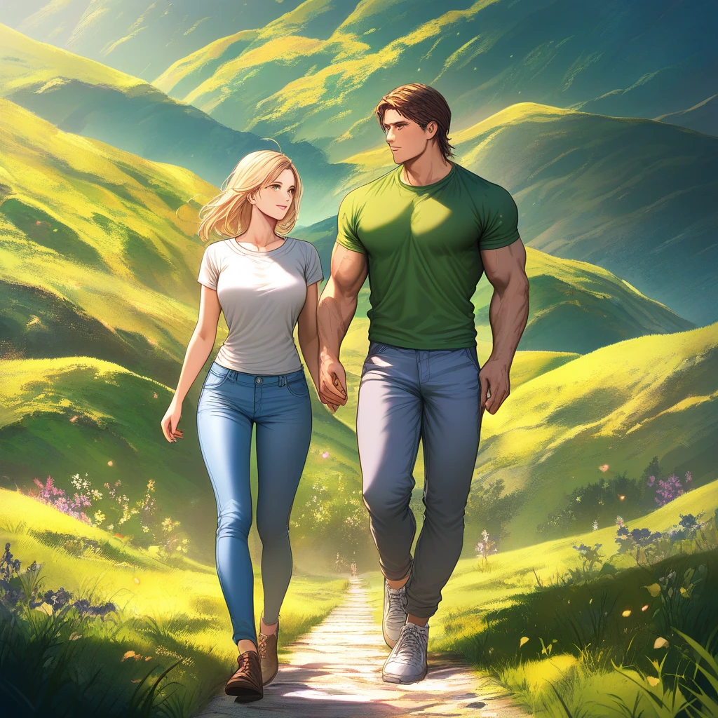 Casal em forma caminhando juntos por uma paisagem verde vibrante
