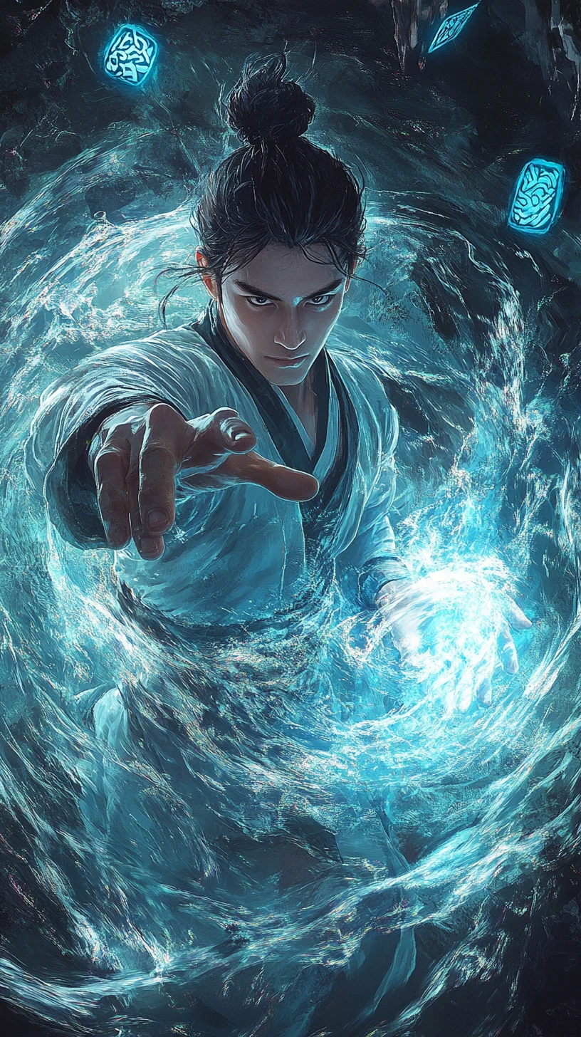 Jovem artista marcial invocando energia mística azul em espiral
