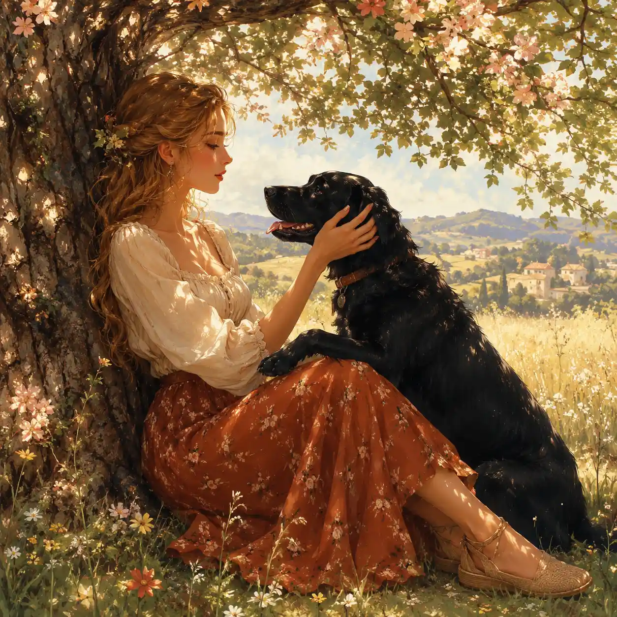 Girl with black labrador resting under a flowering tree