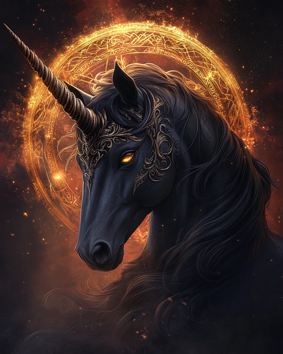 Ritratto dark fantasy di un maestoso unicorno nero