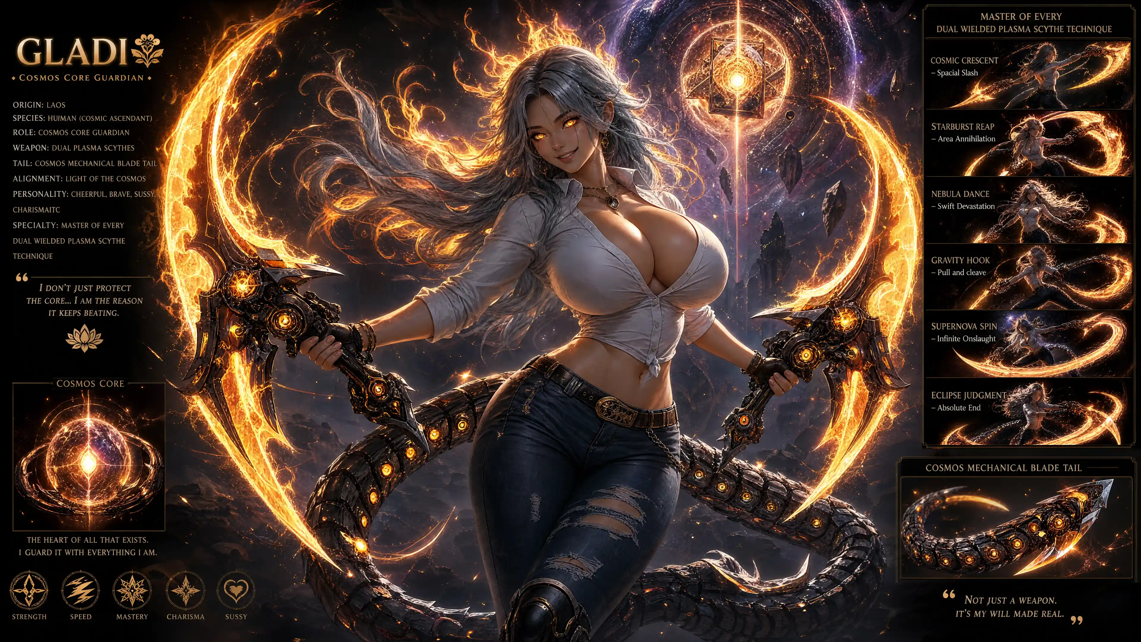 Brave sci fi woman with flaming hair and plasma scythes