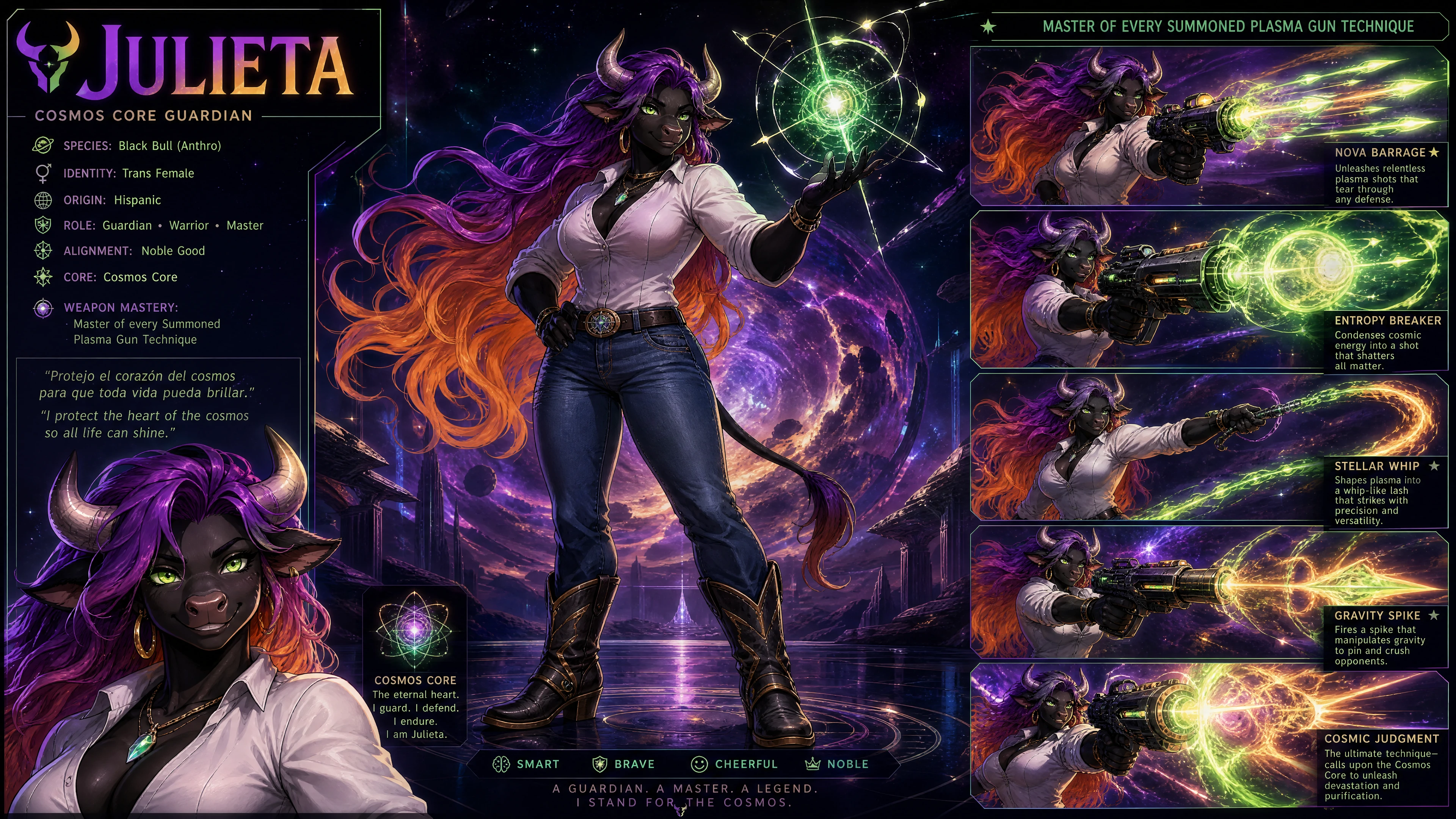 Cheerful cosmic guardian woman with glowing green eyes