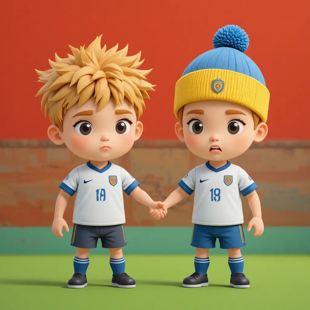 Chibi-Fußballjungen, die Händchen halten, auf einem einfachen Spielfeld-Banner