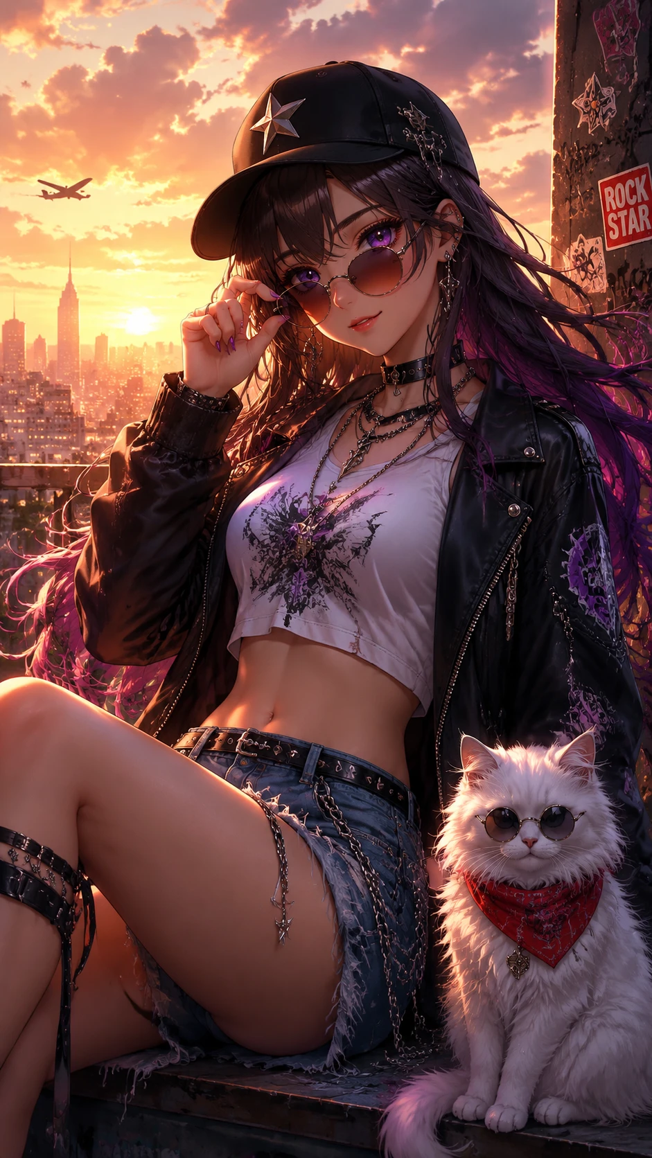 Fille d’anime en streetwear avec chat au coucher du soleil