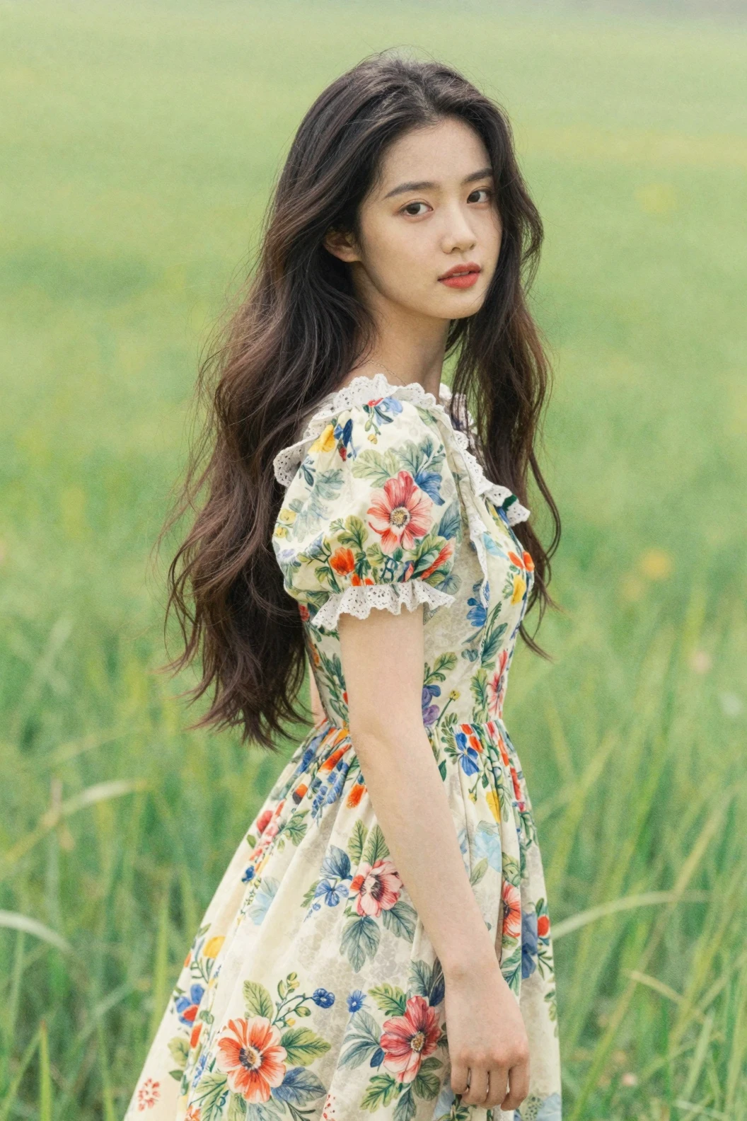 Mulher etérea de vestido floral em pé em um campo verde