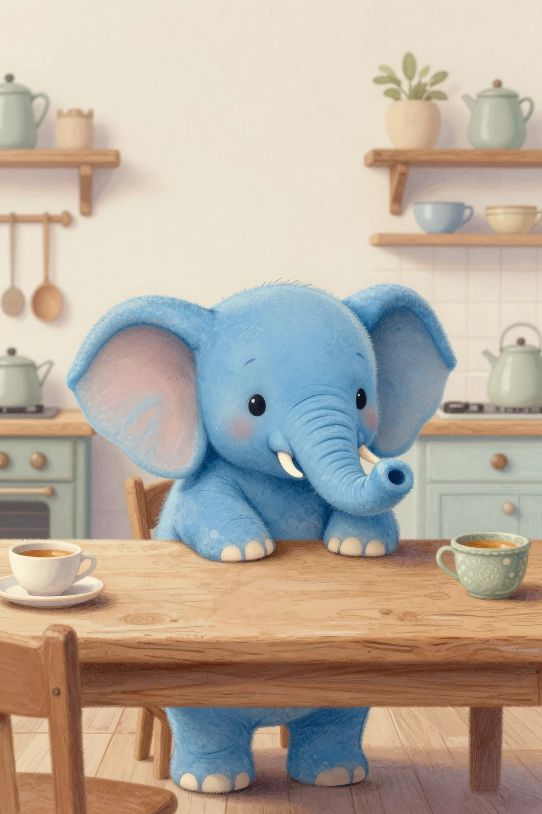 Adorável elefante azul bebê espiando por cima de uma mesa de cozinha de madeira