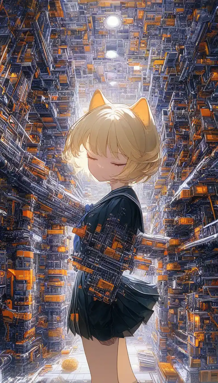 Anime-Schulmädchen mit Katzenohren in Innenraum