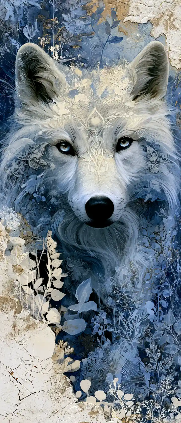 空靈北極狼肖像與植物抽象構圖