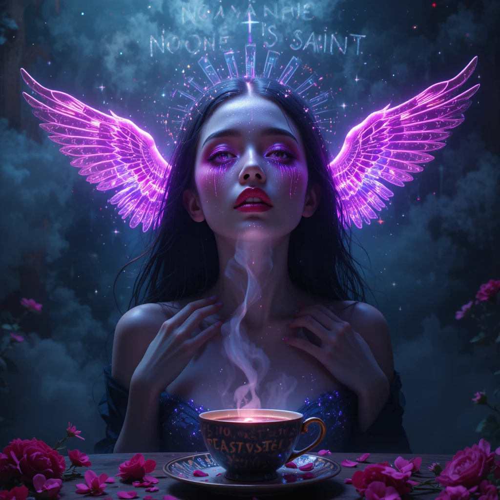 Mulher etérea com olhos angelicais em paisagem onírica surreal