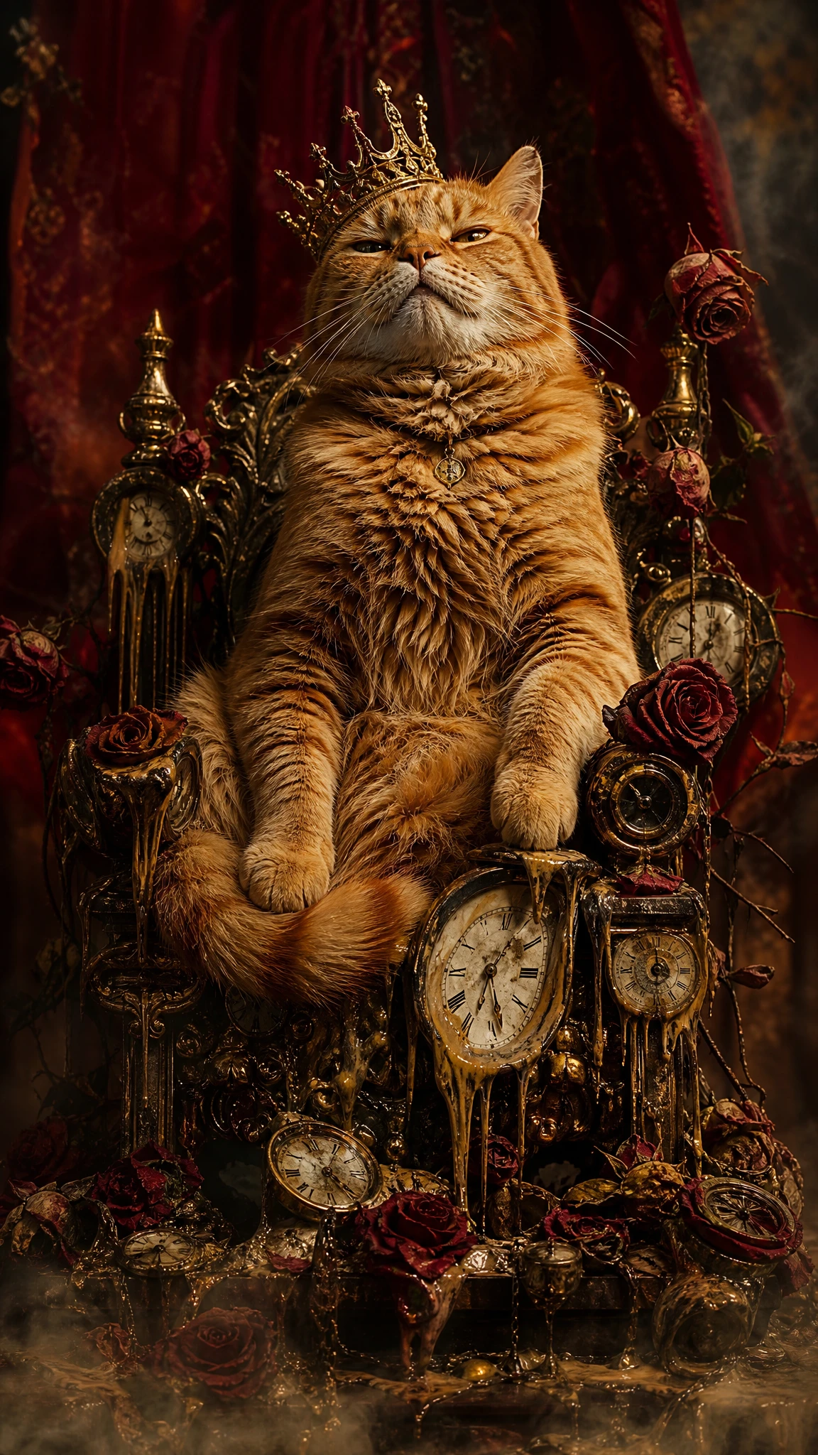 Retrato surreal de gato real em um trono de relógios derretendo