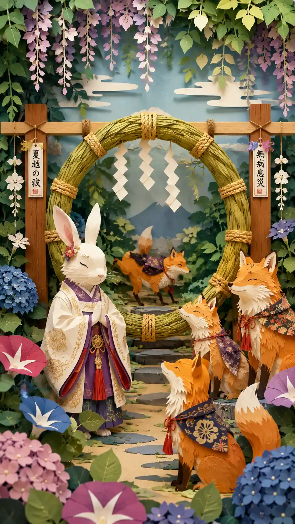 Layered paper art of a rabbit with fox companions