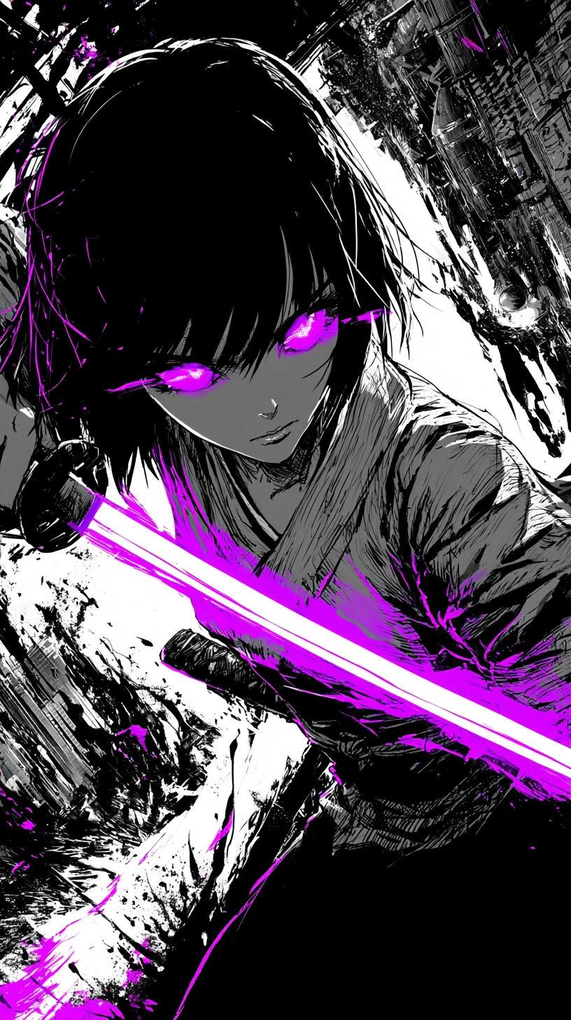 Guerreira de anime com katana brilhante em cidade surreal