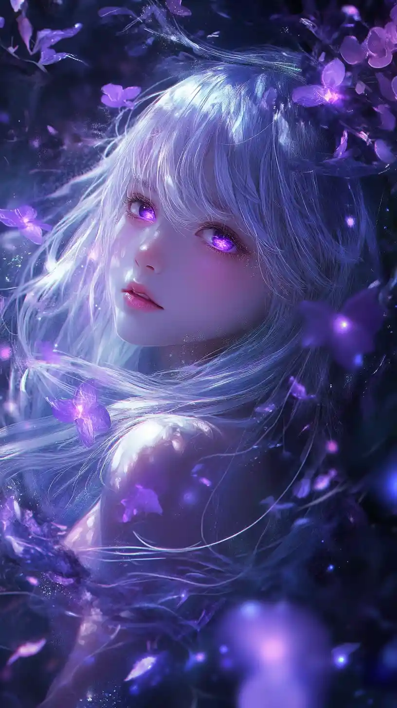 Fille d’anime aux cheveux argentés dans une forêt violette lumineuse