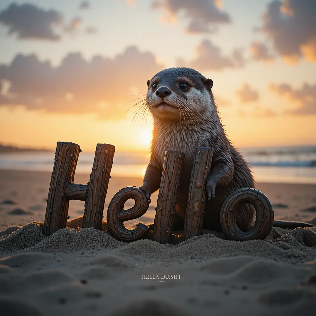 Adorable bébé loutre sur la plage au coucher de soleil de l’heure dorée