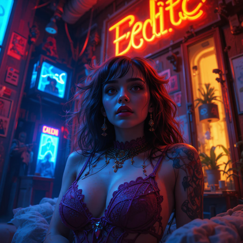 Ritratto surreale dal basso di una donna in un inquietante bagliore al neon