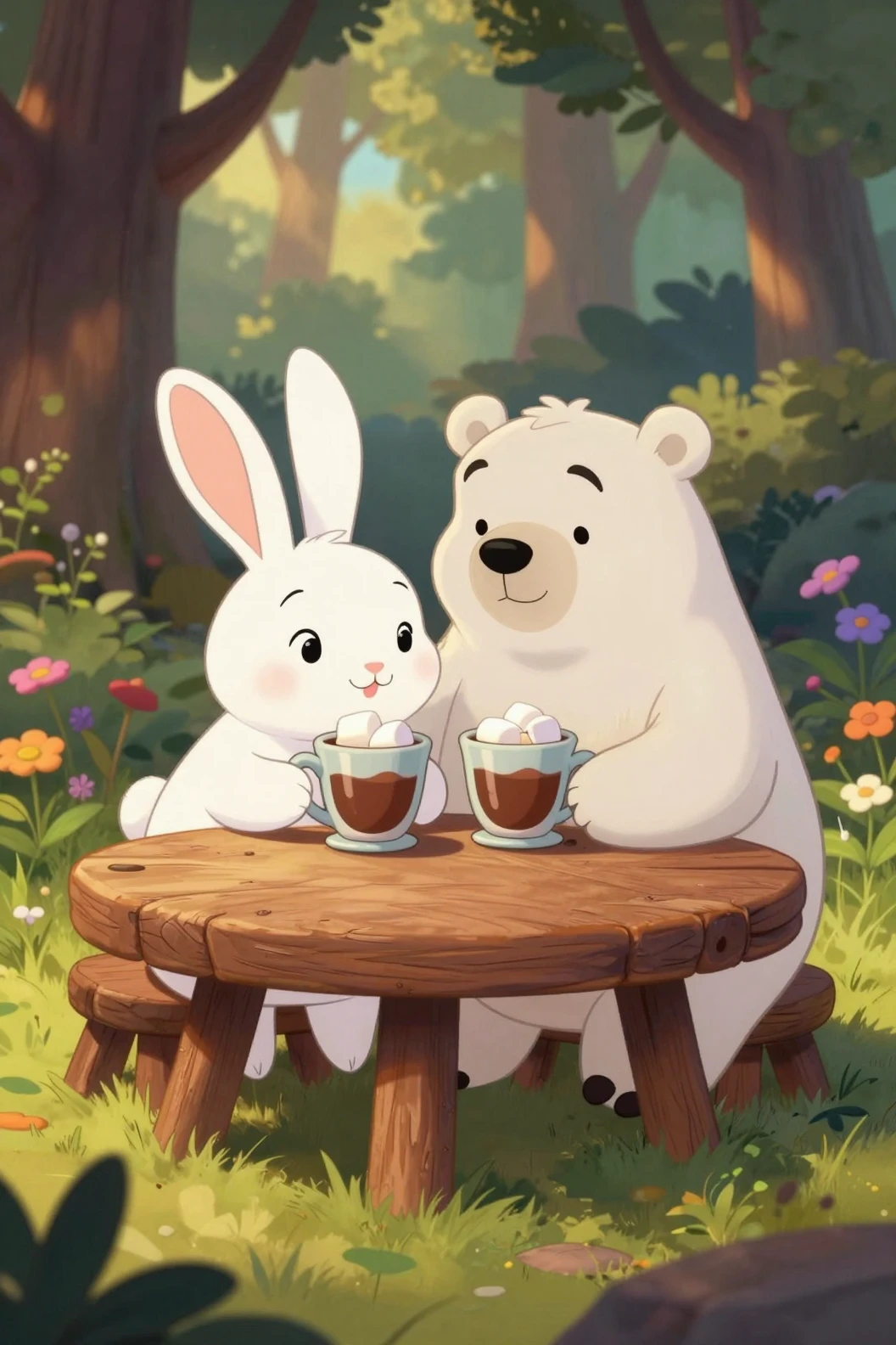 Coelhinho fofo e urso‑polar compartilhando chocolate quente