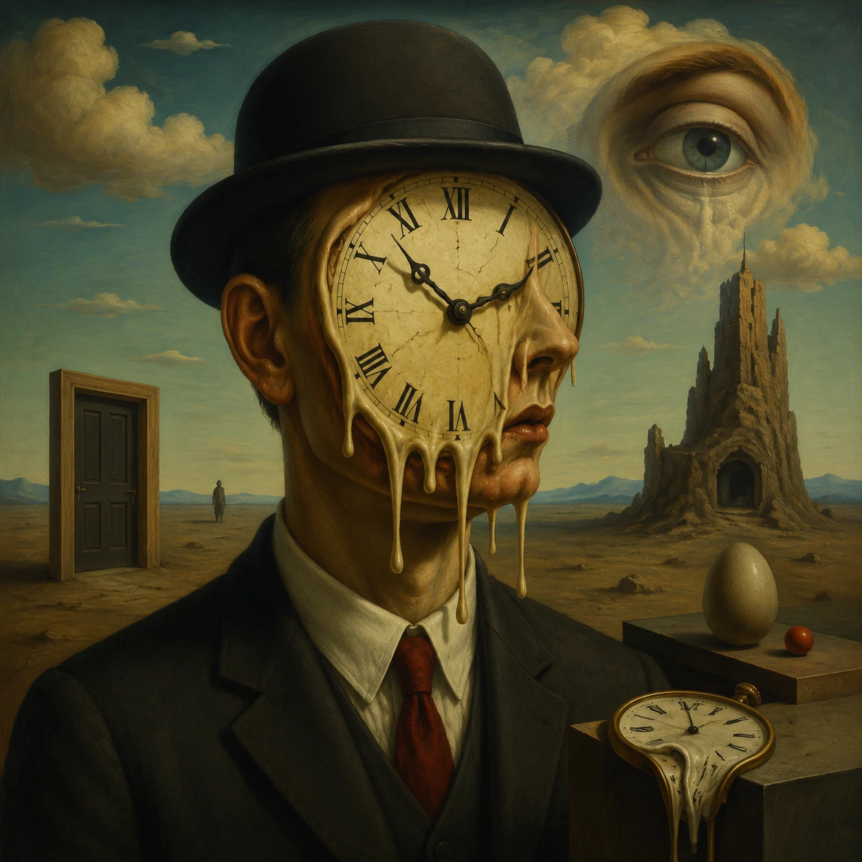 Uomo surreale con volto a orologio in un paesaggio desertico che si scioglie
