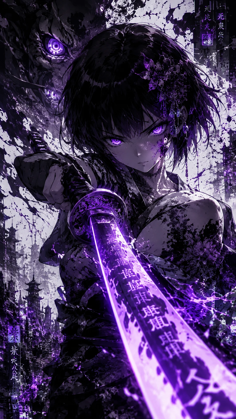 Anime-Kriegerin mit leuchtendem Katana in zertrümmerter Stadt