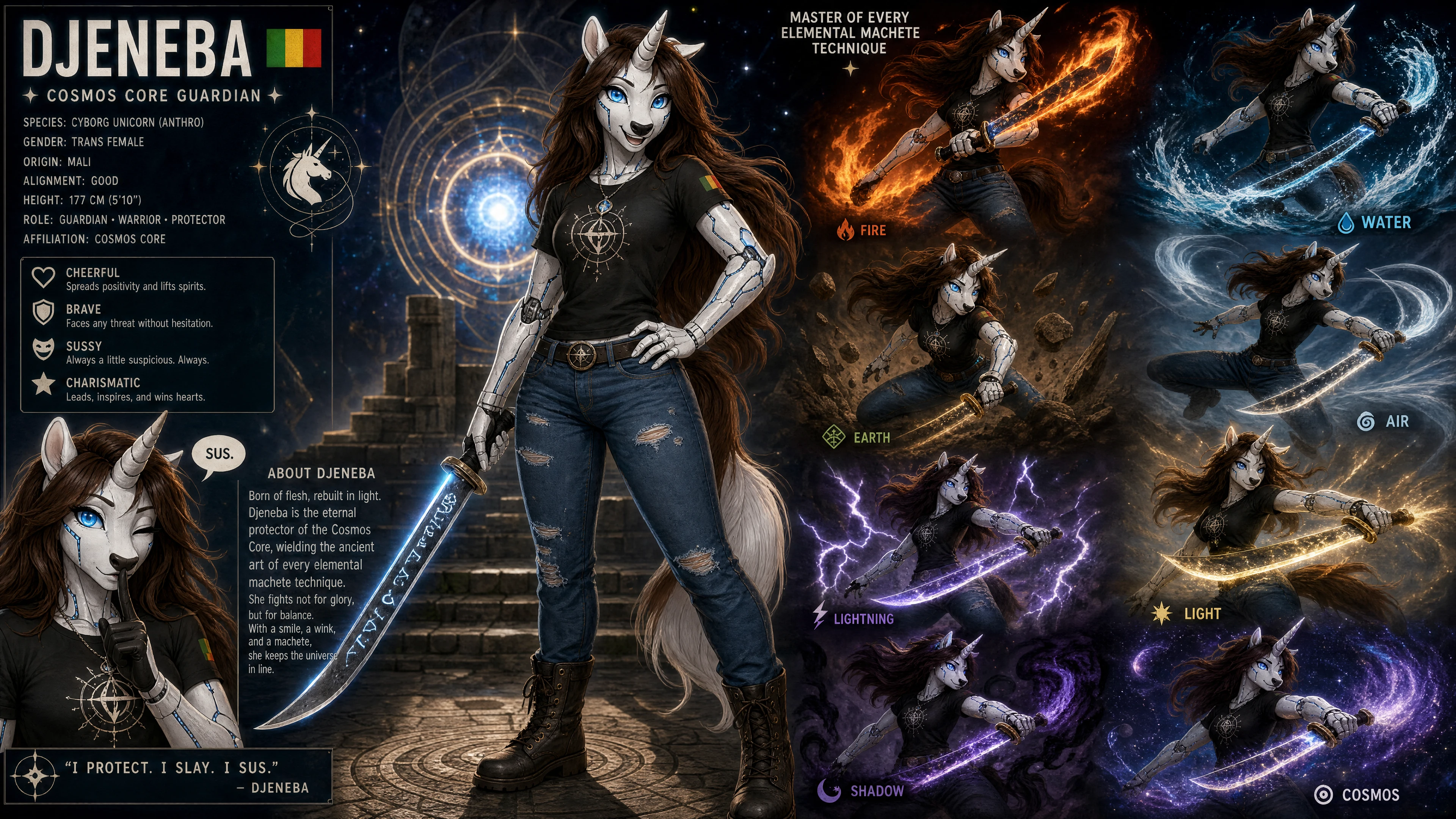 Cyborg unicorn guardian woman in cosmic elemental attire