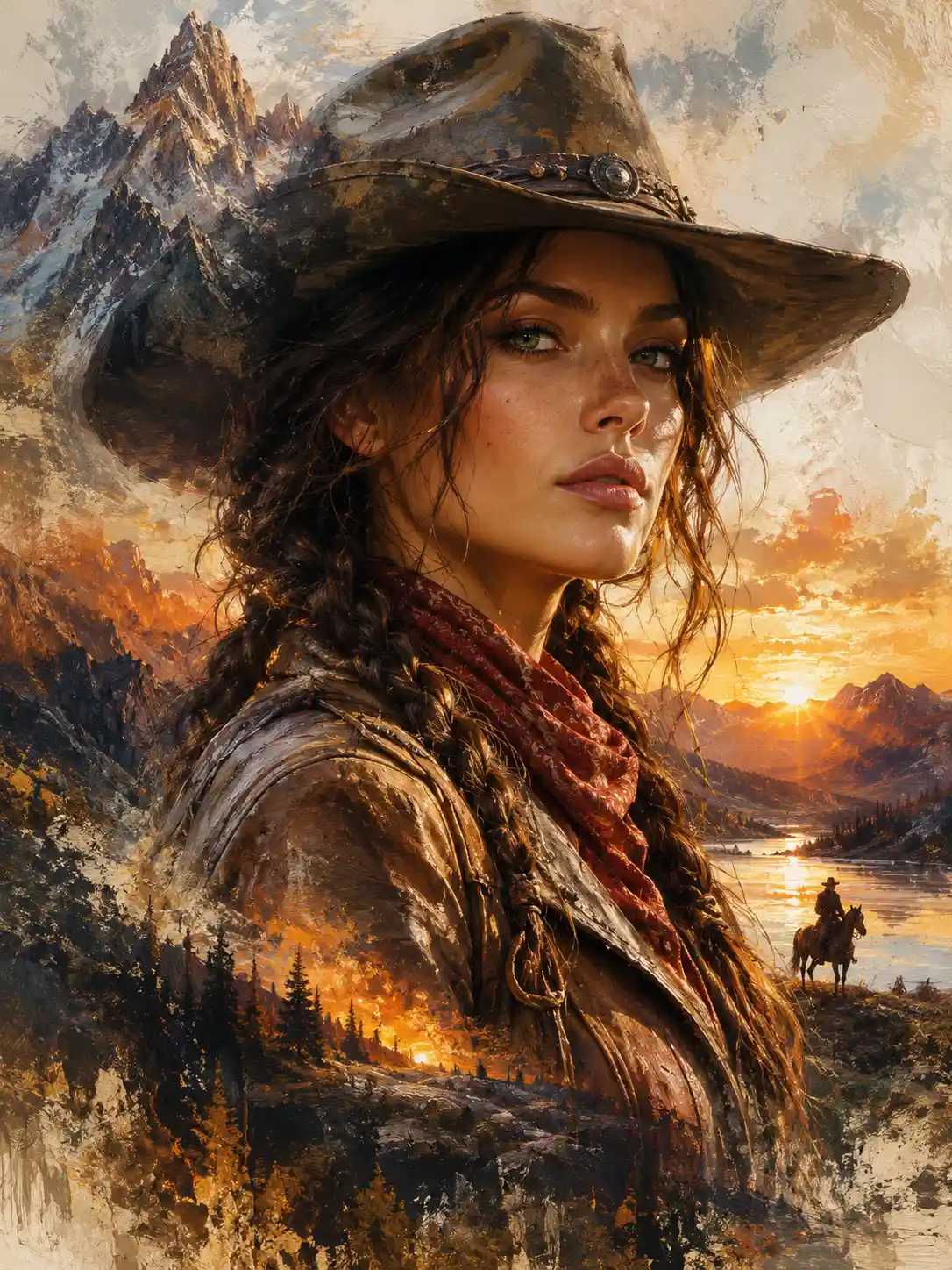 Cowgirl portrait against glowing mountain sunset landscape