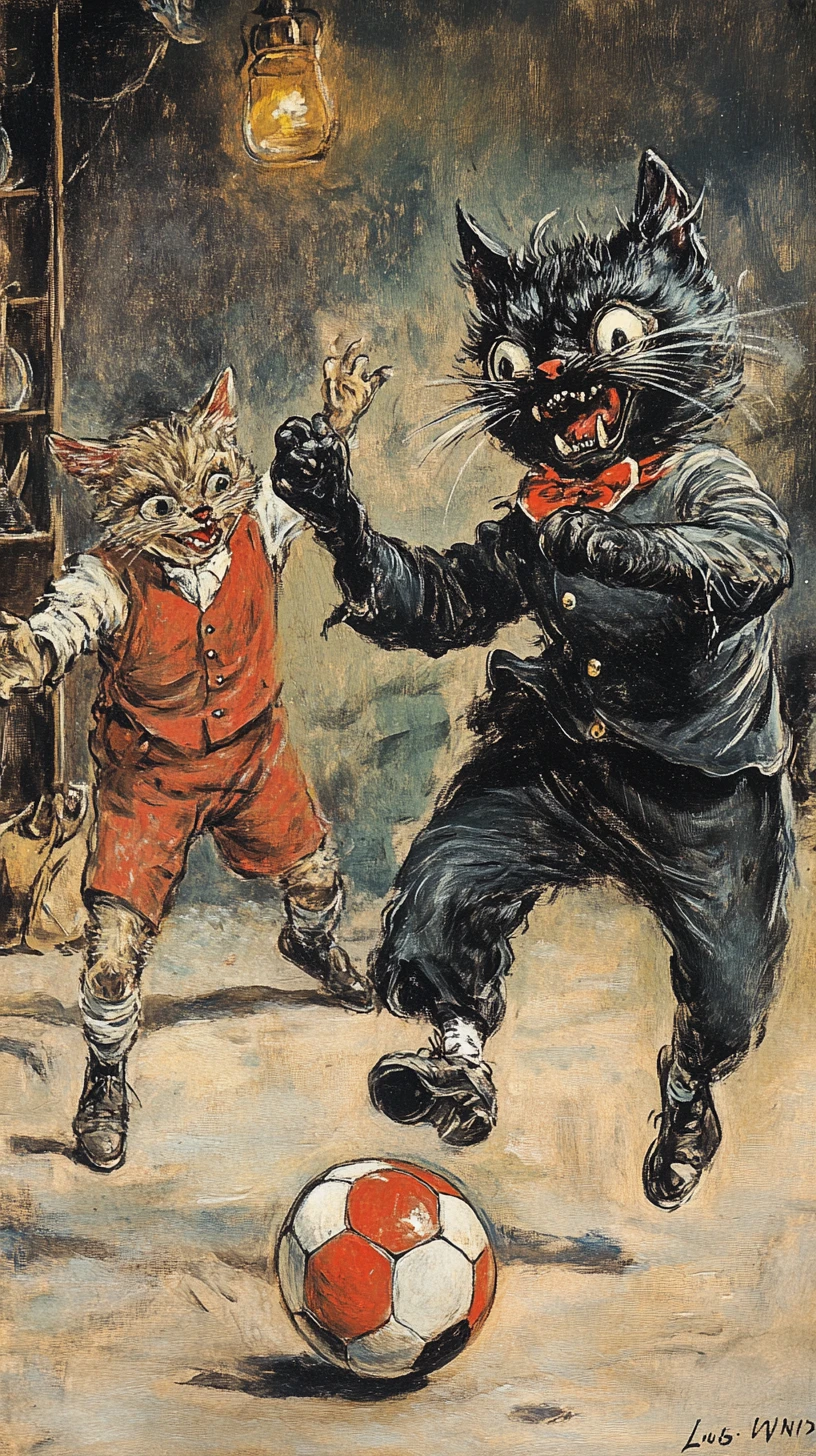 Chats anthropomorphes de dessin animé jouant au football sur un terrain