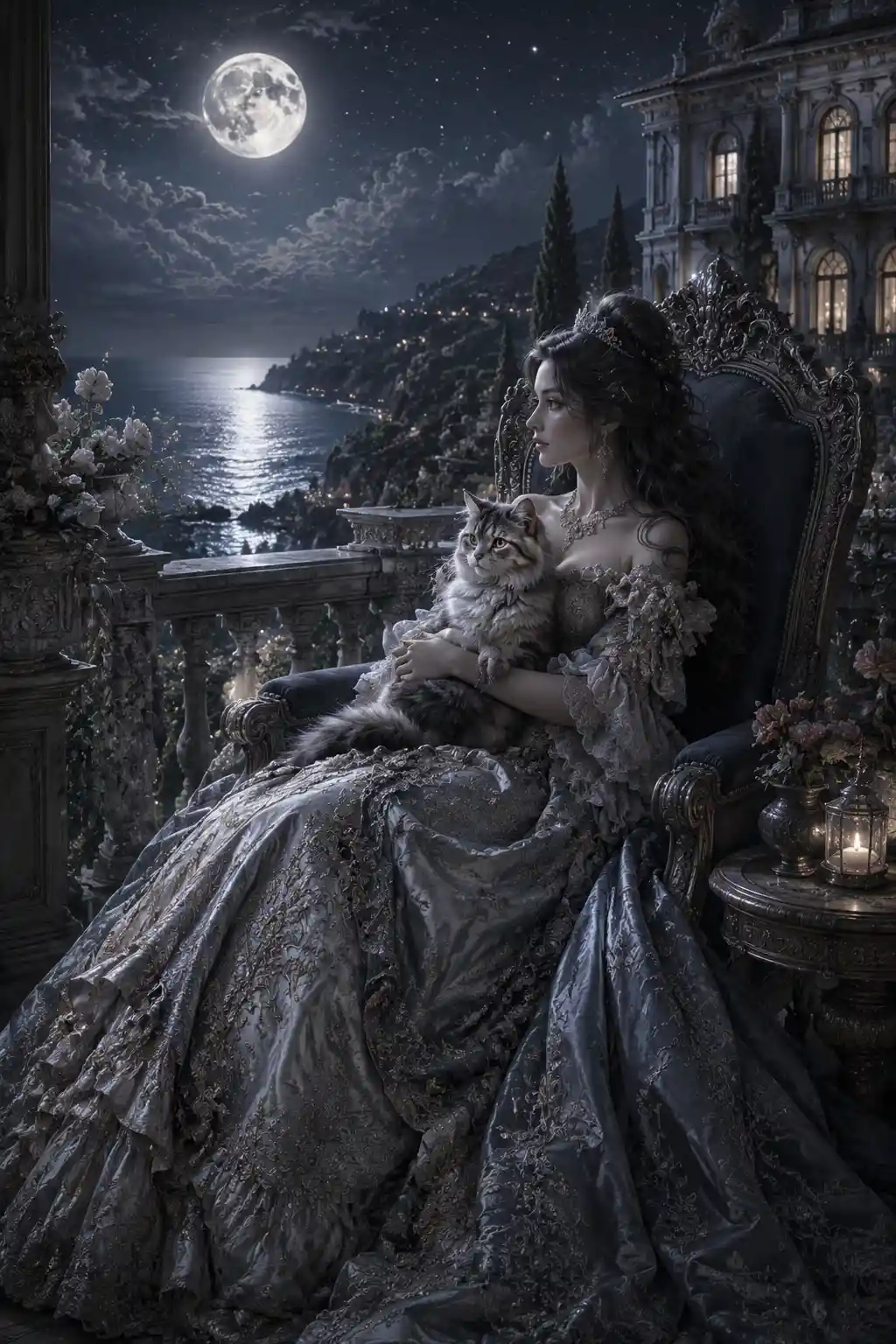 Elegant woman with cat on a moonlit villa balcony