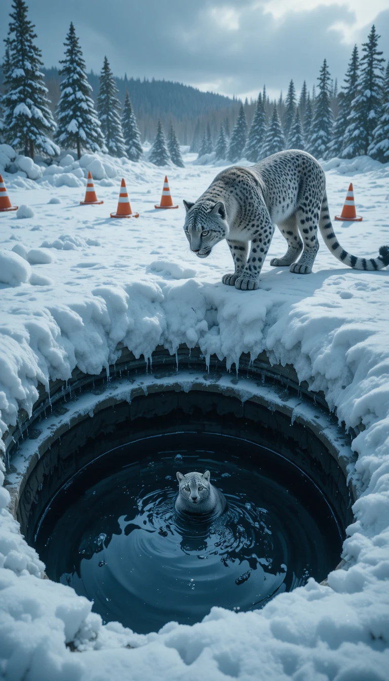 Madre de leopardo de las nieves protegiendo a su cachorro al borde de un sumidero nevado