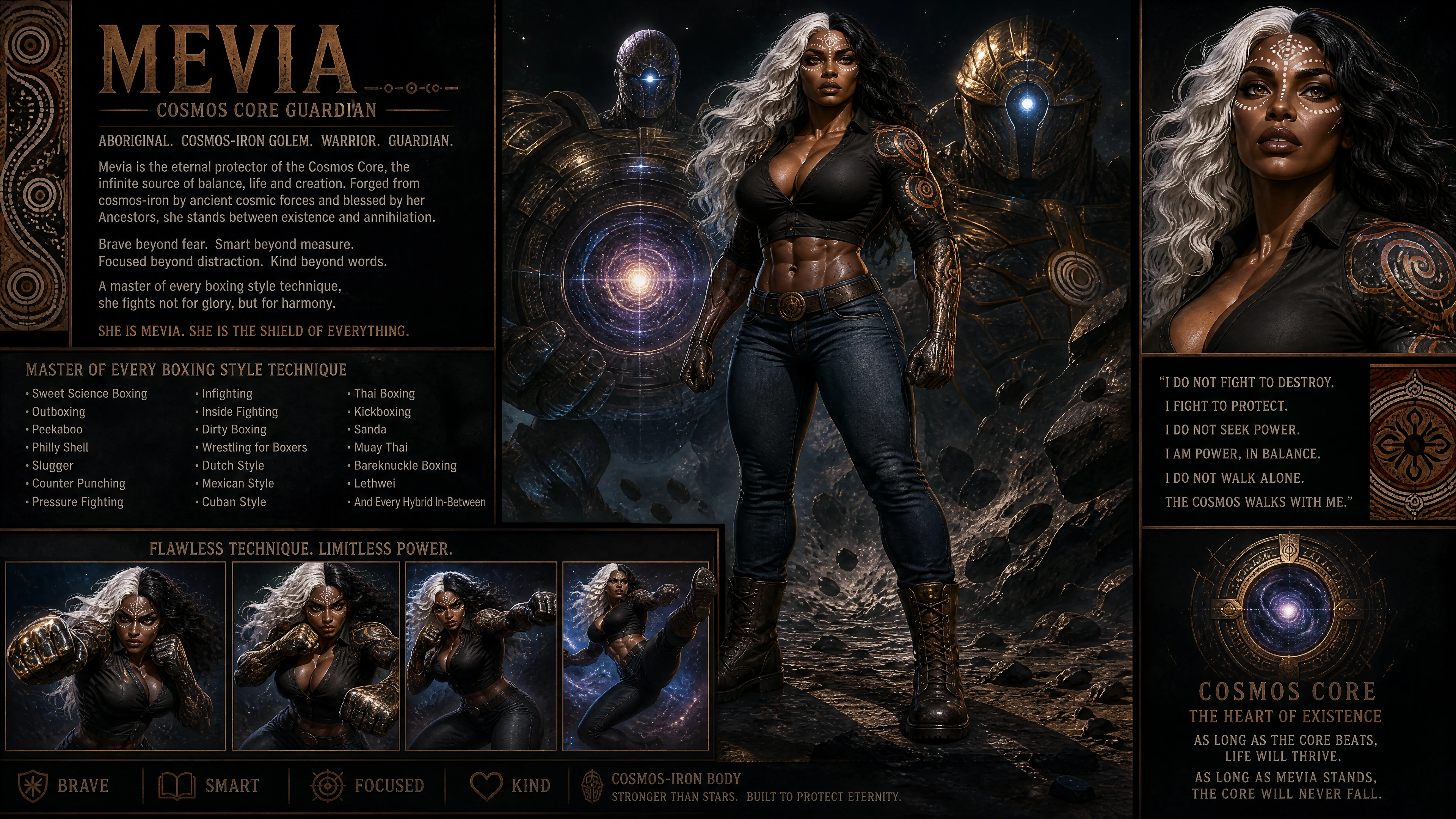 Coraggiosa guardiana cosmica con corpo di golem di ferro