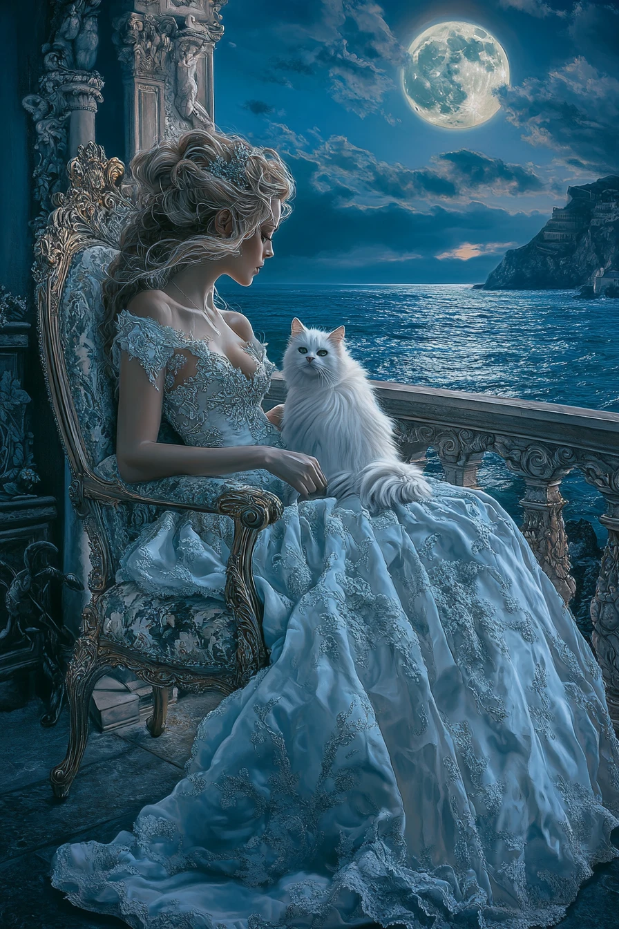 Mulher elegante com gato em uma varanda mediterrânea à noite