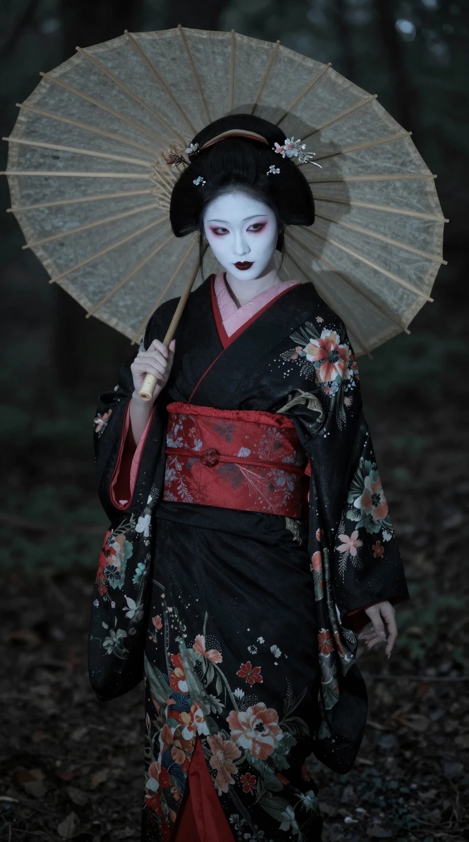 Von einer Geisha inspirierte Frau in einem nebeligen dunklen Wald