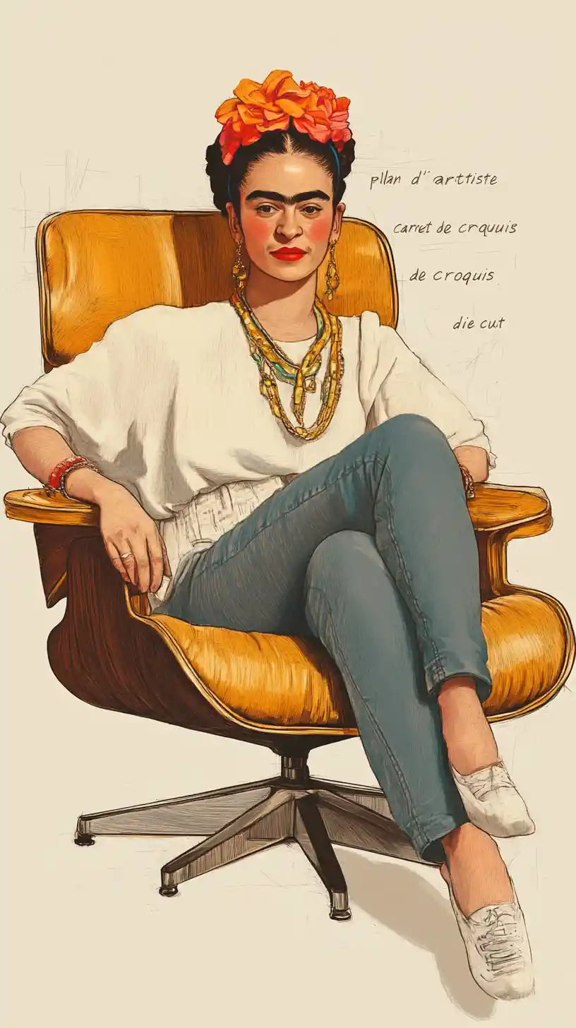 Frida inspired ink portrait in an eames lounge chair