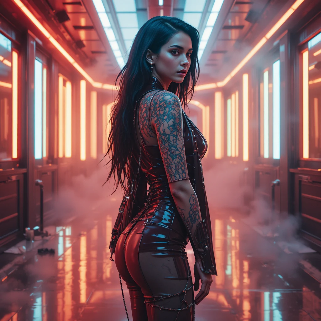 Retrato de moda cyberpunk de una mujer seductora iluminada por neón