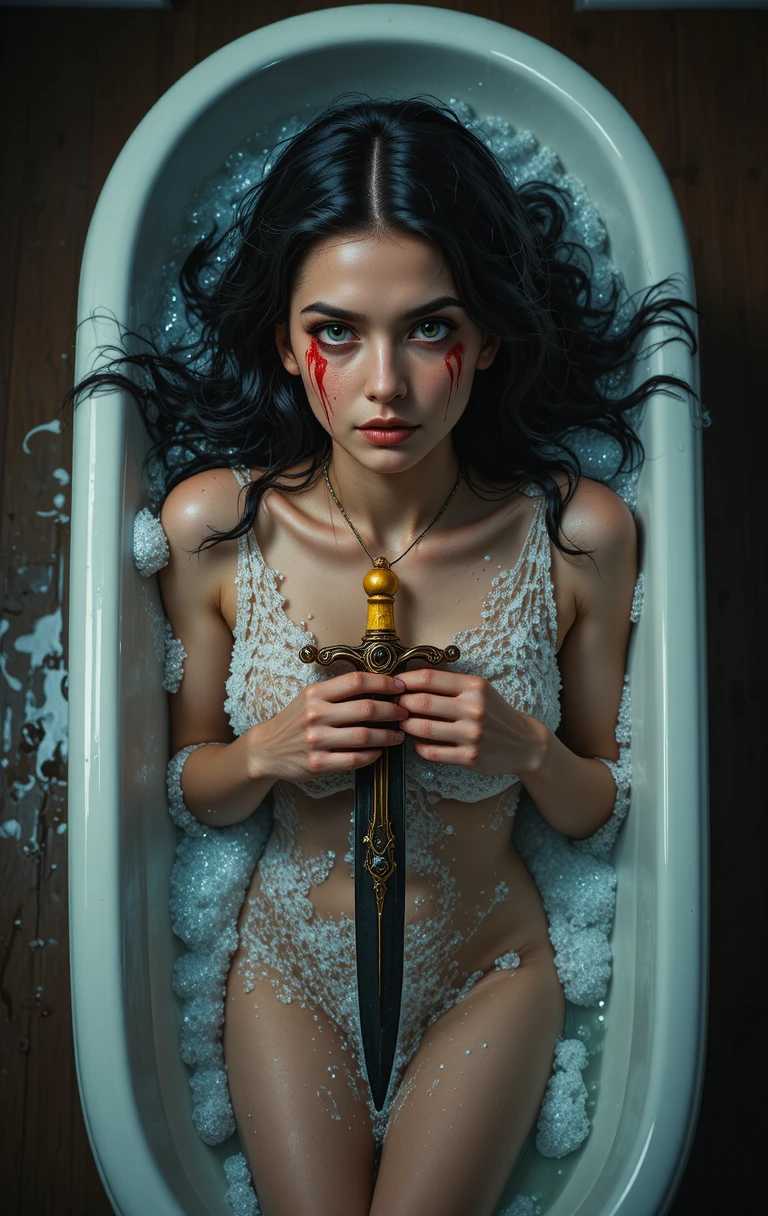 Young woman with dagger lying in a foamy bathtub