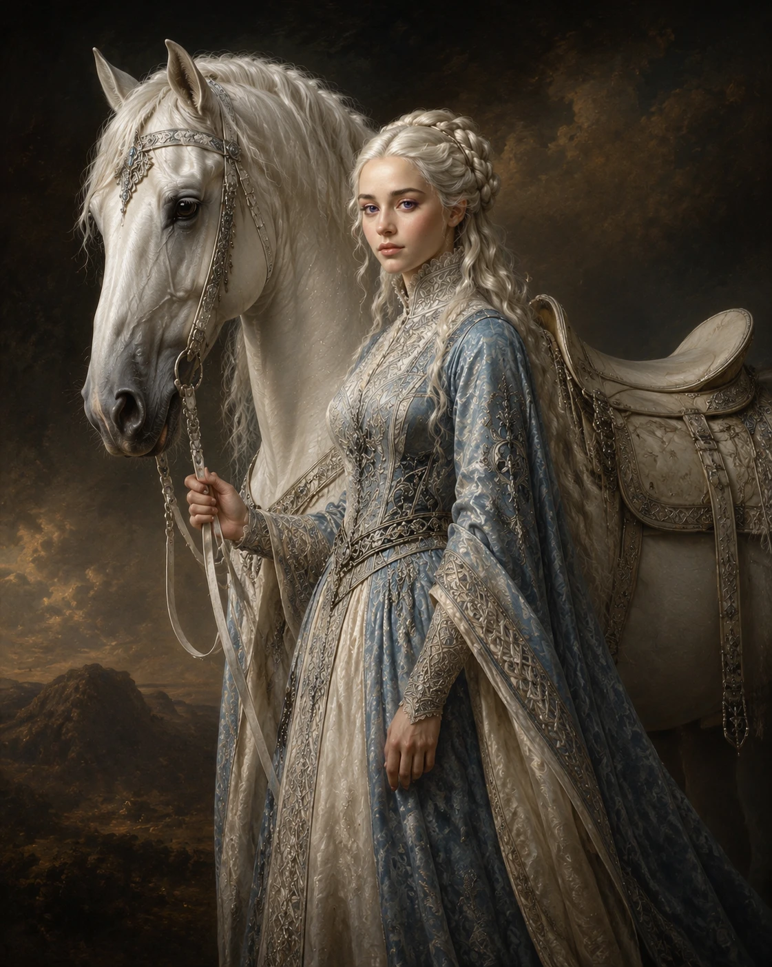 Retrato em estilo renascentista de uma mulher ao lado de um cavalo branco