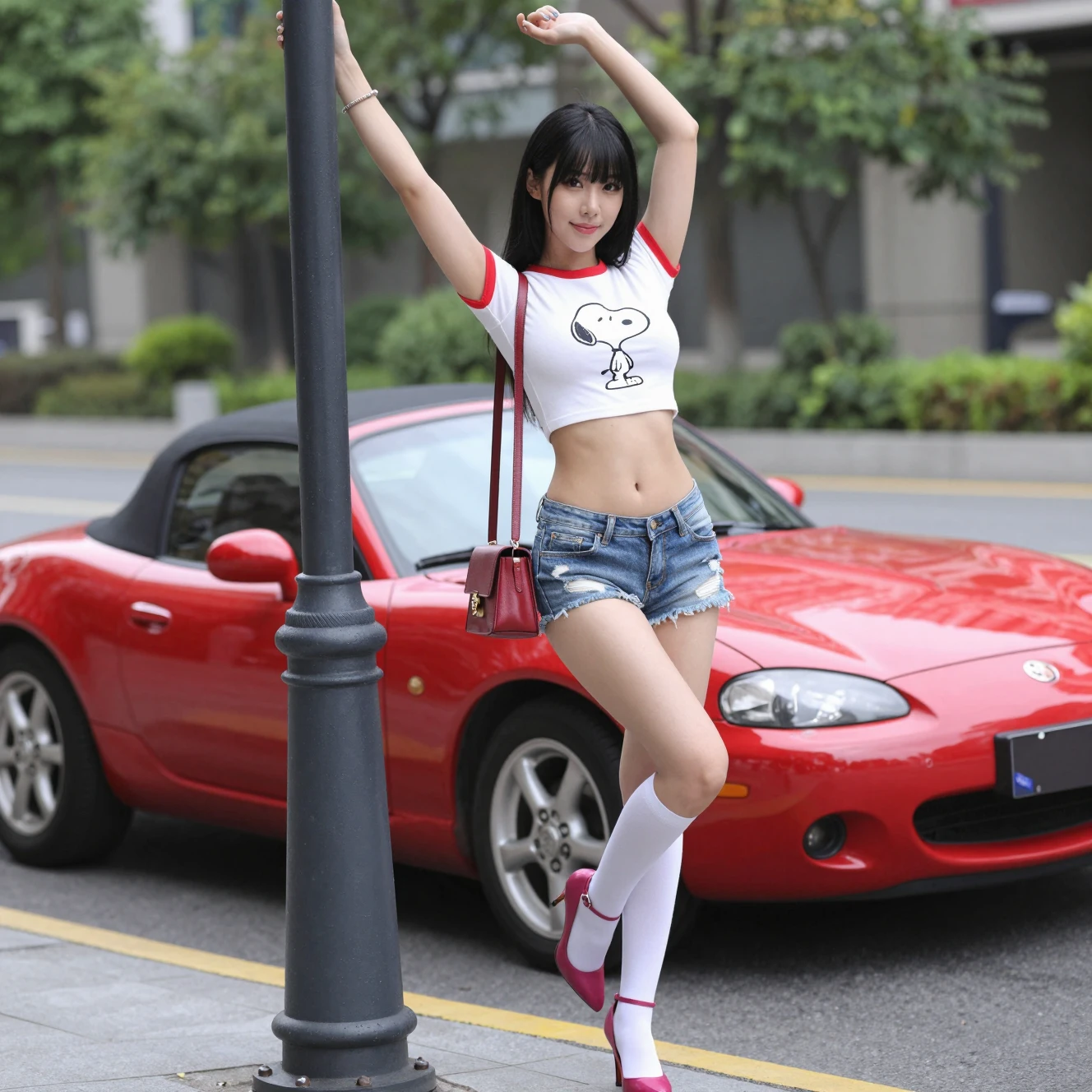 Mulher estilosa posando ao lado de um poste de luz na rua da cidade