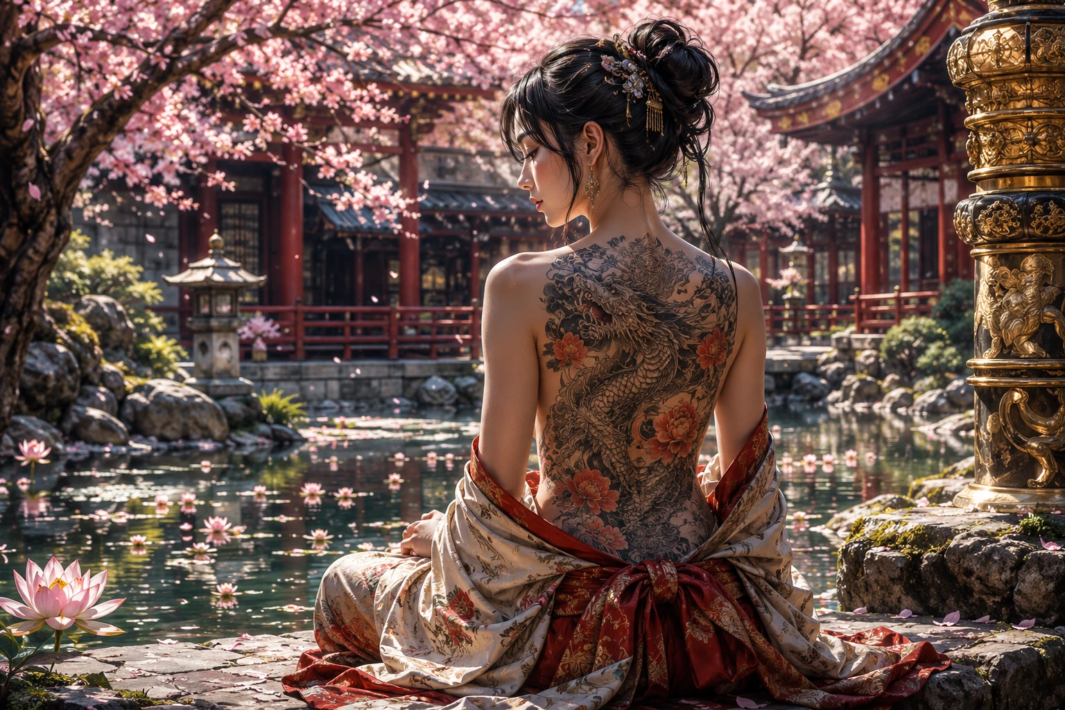 Mulher Meditando em um Pátio de Templo Banhado de Sol