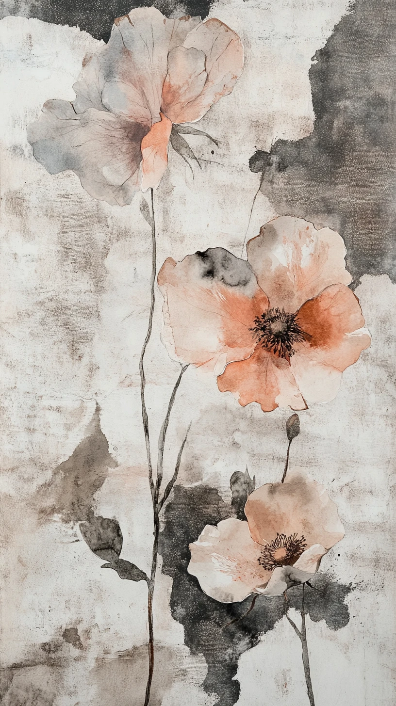 Abstract botanical painting with dissolving watercolor petals