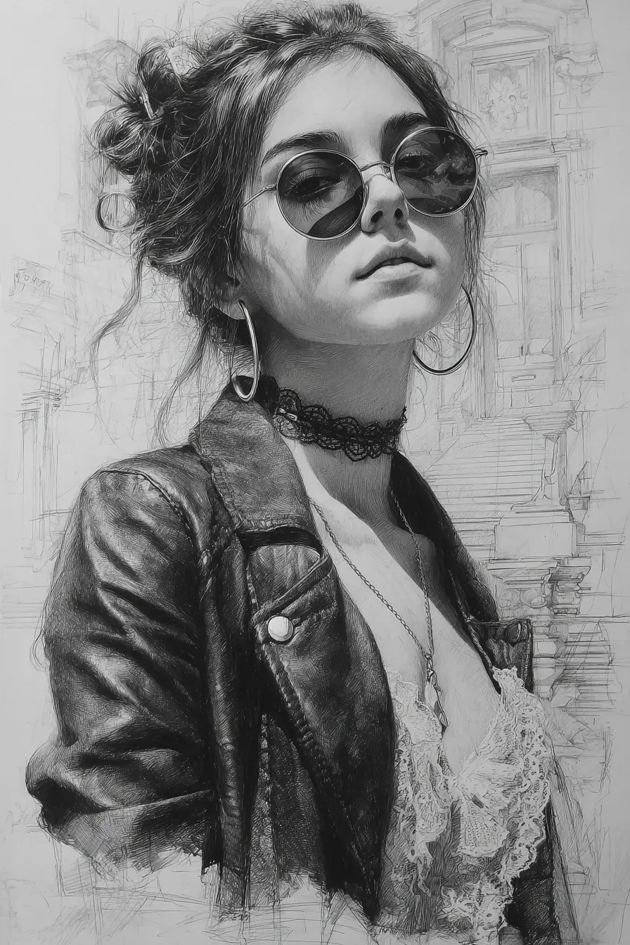 Pencil portrait of a young woman in round sunglasses