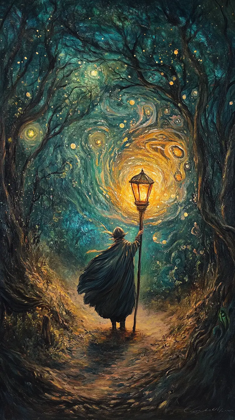 Woodland spirit with lantern painting a swirling forest
