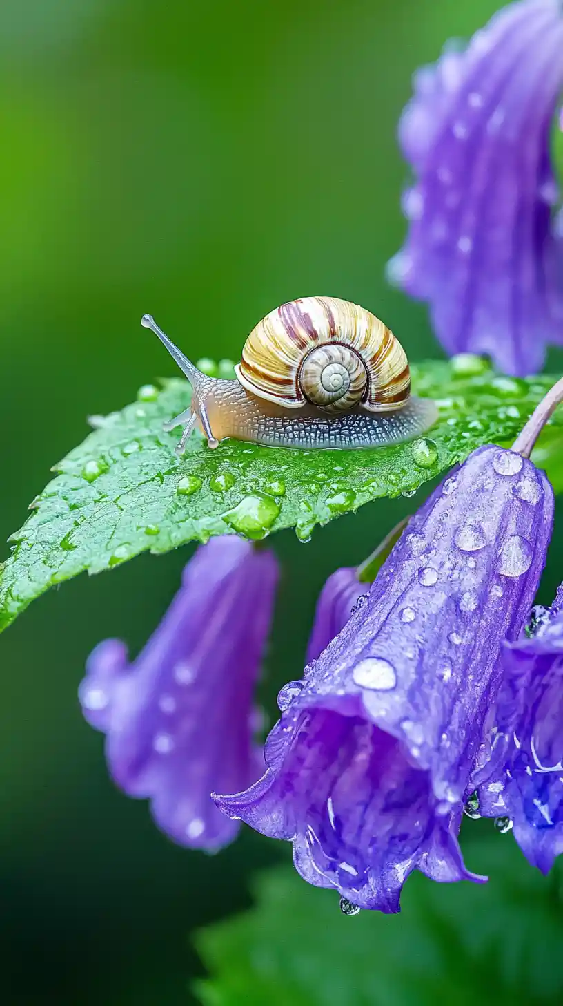 Macro snail on leaf with raindrops and bell flowers
