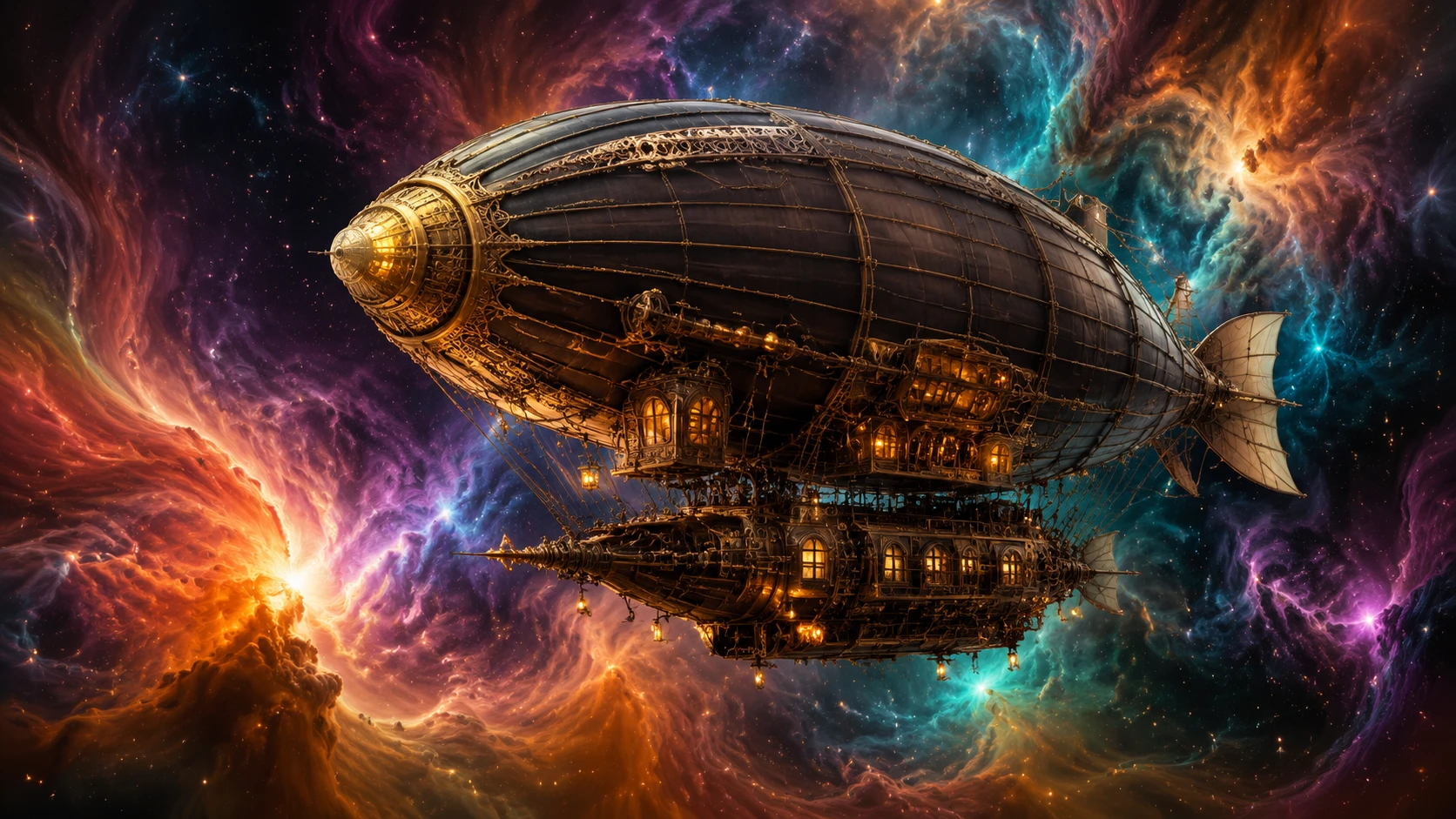 Dirigível steampunk navegando por uma nebulosa cósmica em espiral