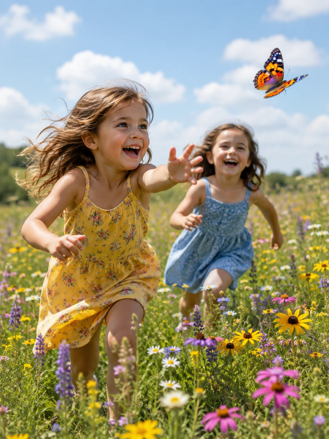 Duas garotas correndo por um campo de flores silvestres