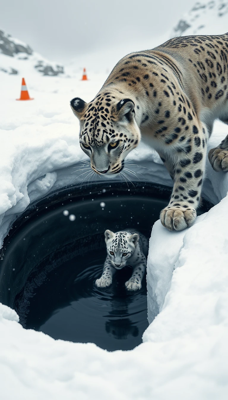 Mãe de leopardo-das-neves observa filhote em apuros perto de sumidouro gelado