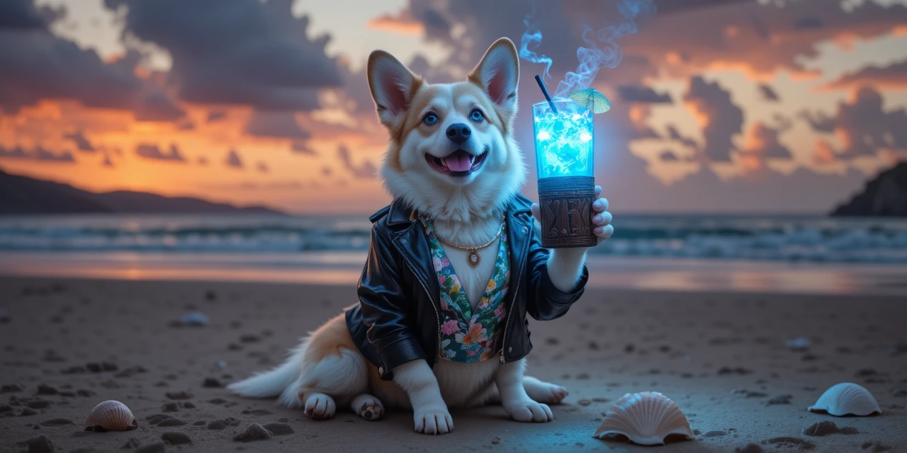 Corgi alegre de camisa havaiana relaxando na praia