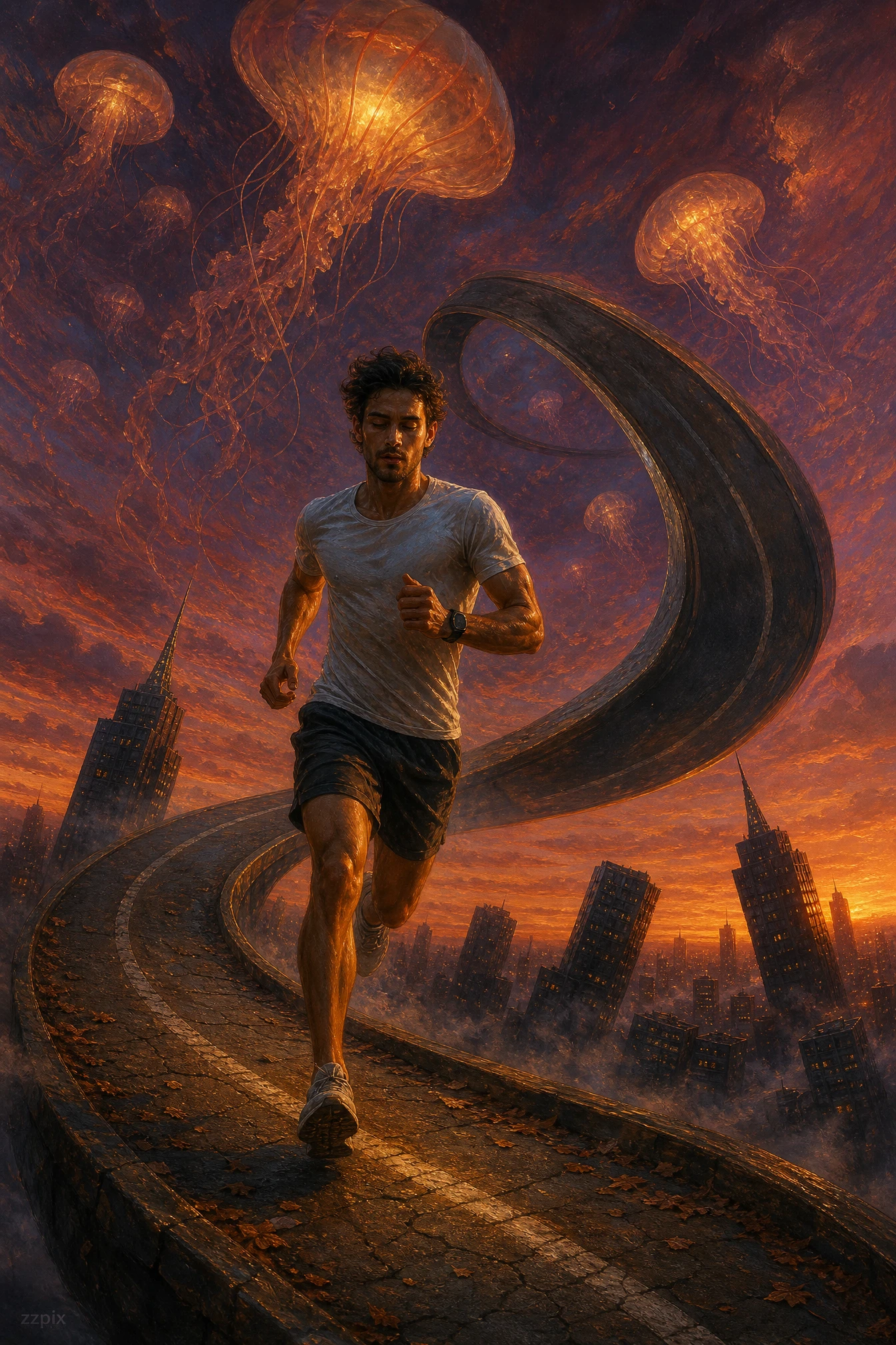 Surreal runner on looping road at dreamy dusk sky
