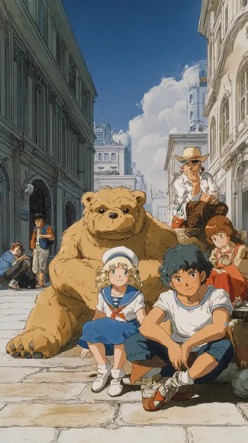 Anime style kids and bear creature on city street