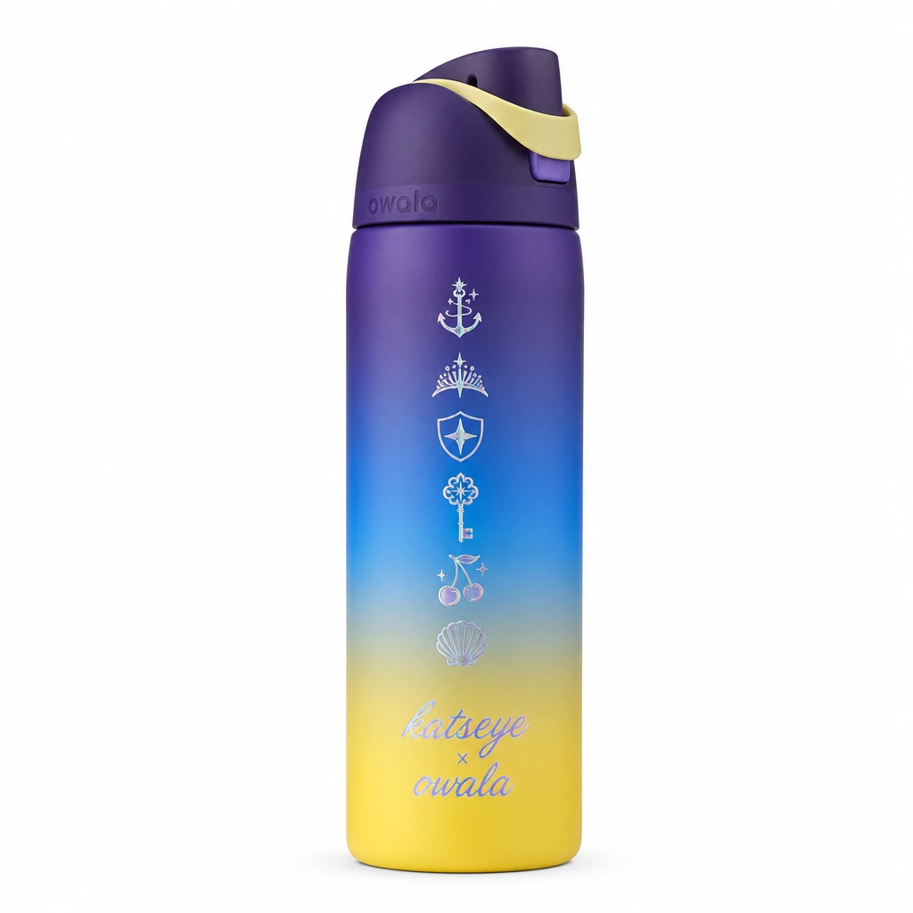 Botella de agua Owala personalizada con diseño minimalista de ícono plateado