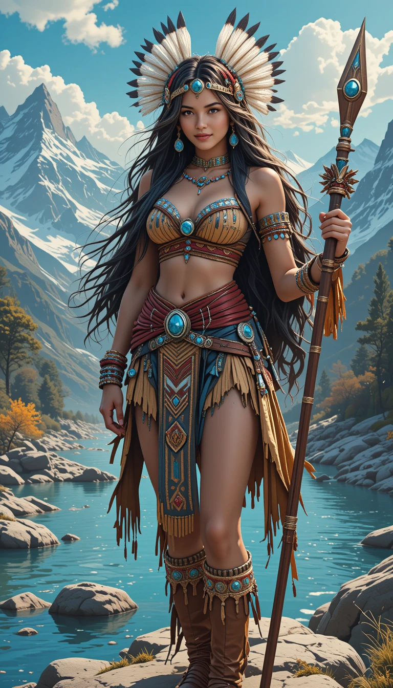 Guerriera indigena fantasy presso un fiume di montagna