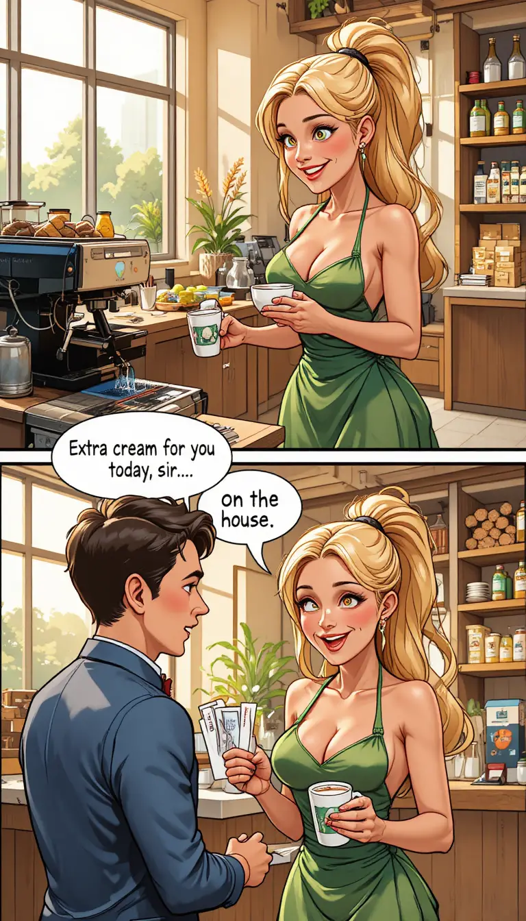 Kurvige blonde Barista, die in einem hellen Café Kaffee einschenkt