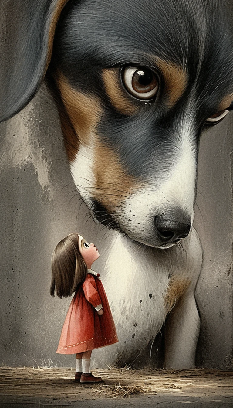 Beagle gigante diante de uma pequena garota curiosa em ilustração